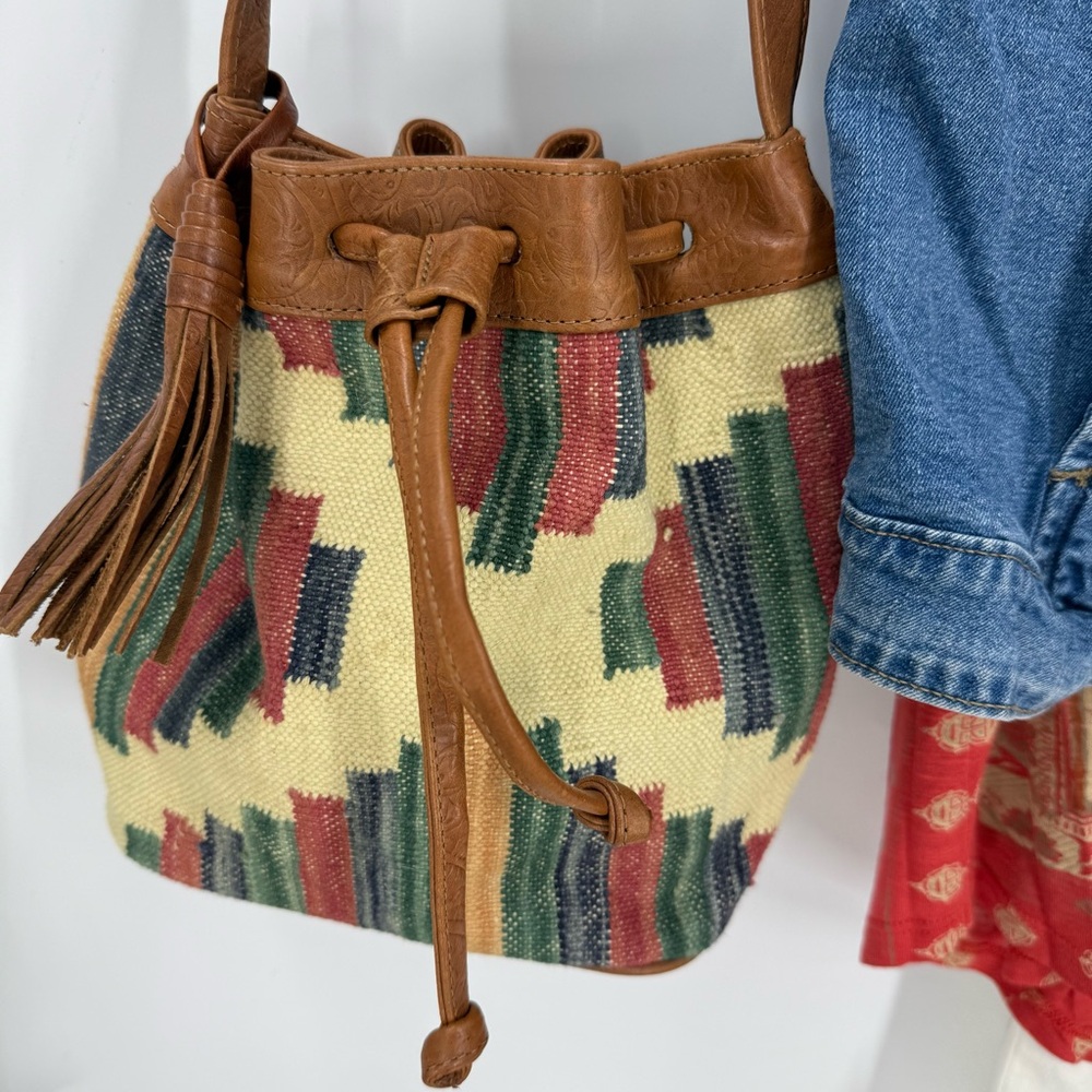 Vintage embossed, leather strap /trim, bohemian Multicolor Patterned Bucket Bag